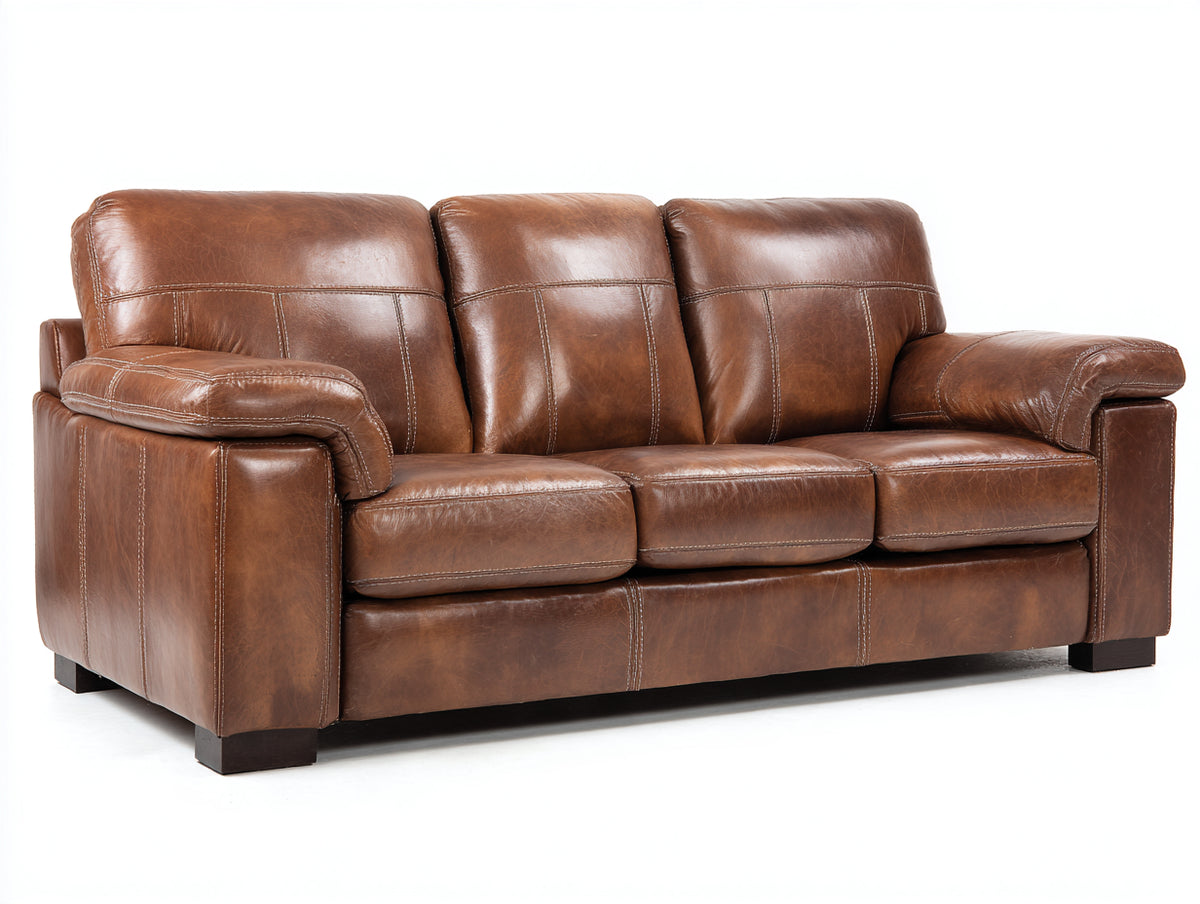 Canapé 3 places - Cuir - 218x98x91 cm - Marron cognac - Style vintage