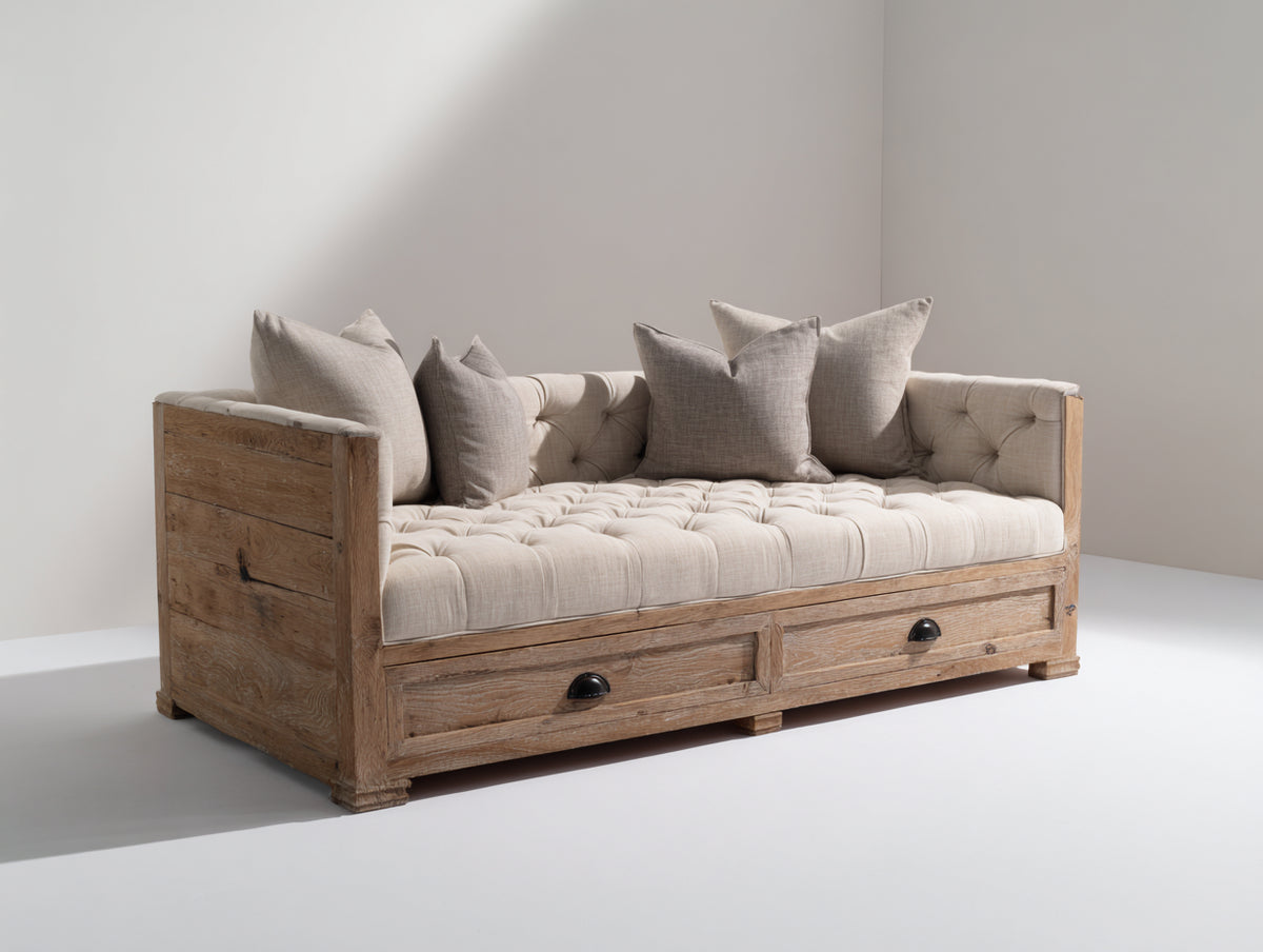 Canapé lit - Bois-Tissu - 208x92x86 cm - Beige-Bois naturel - Style rustique