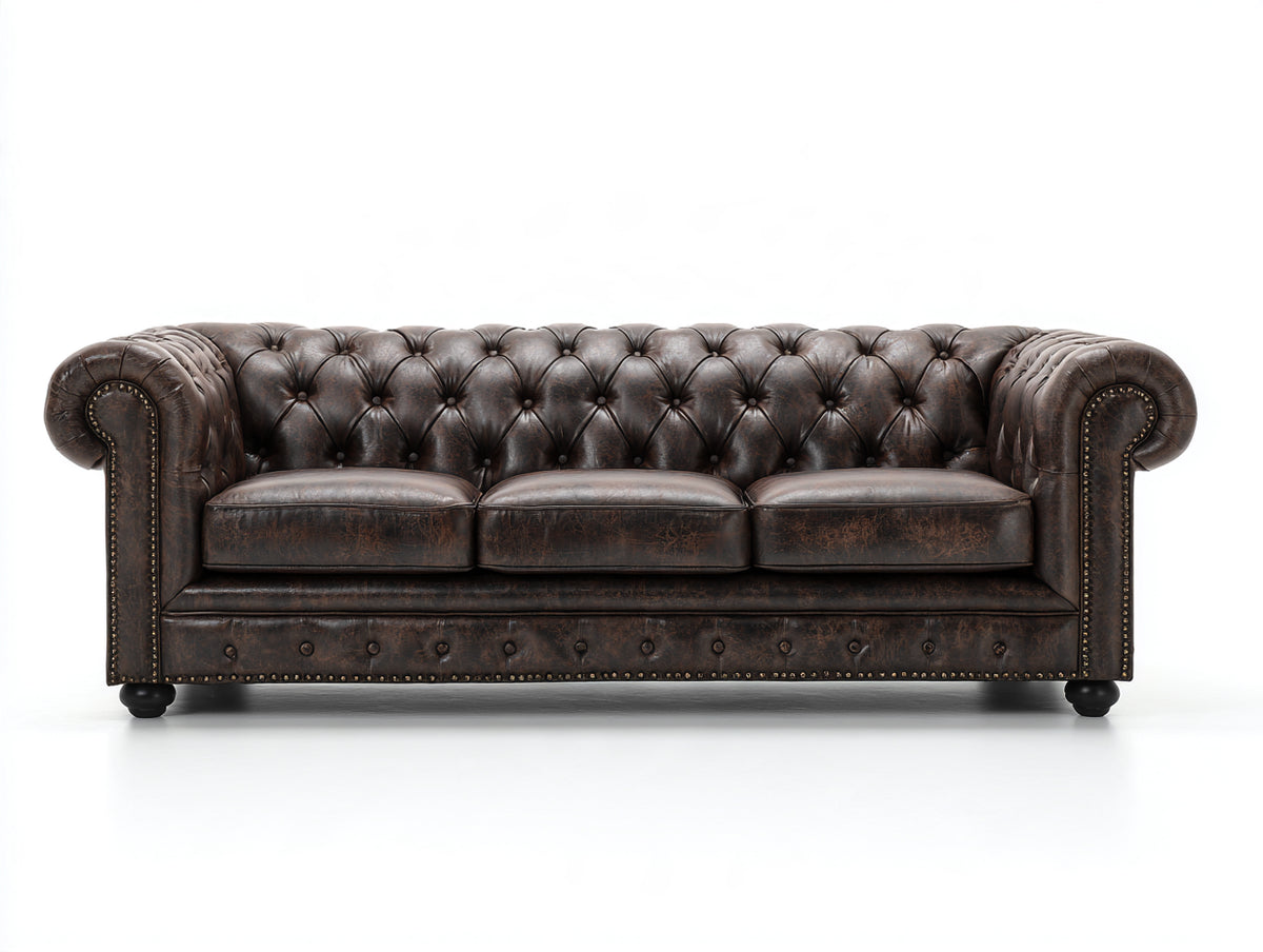 Canapé 3 places - cuir - 228x94x77 cm - brun vieilli - style Chesterfield