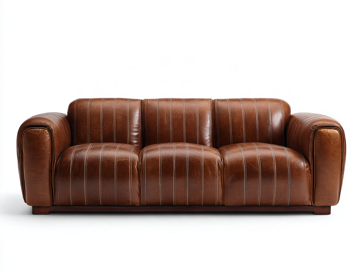 Canapé 3 places - Cuir - 218x96x82 cm - Marron cognac - Style vintage