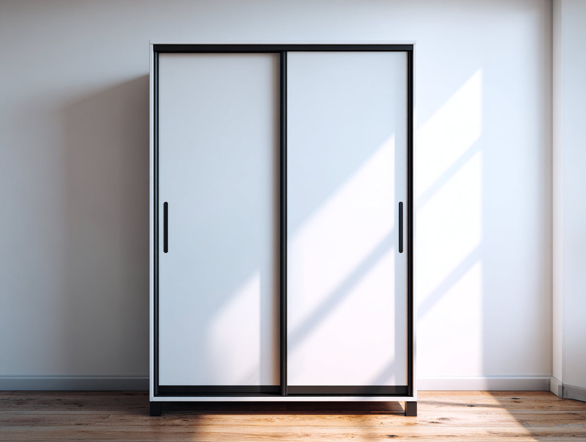 Armoire-Bois-152 x 60 x 202 cm-Blanc-Noir-Style minimaliste à portes coulissantes