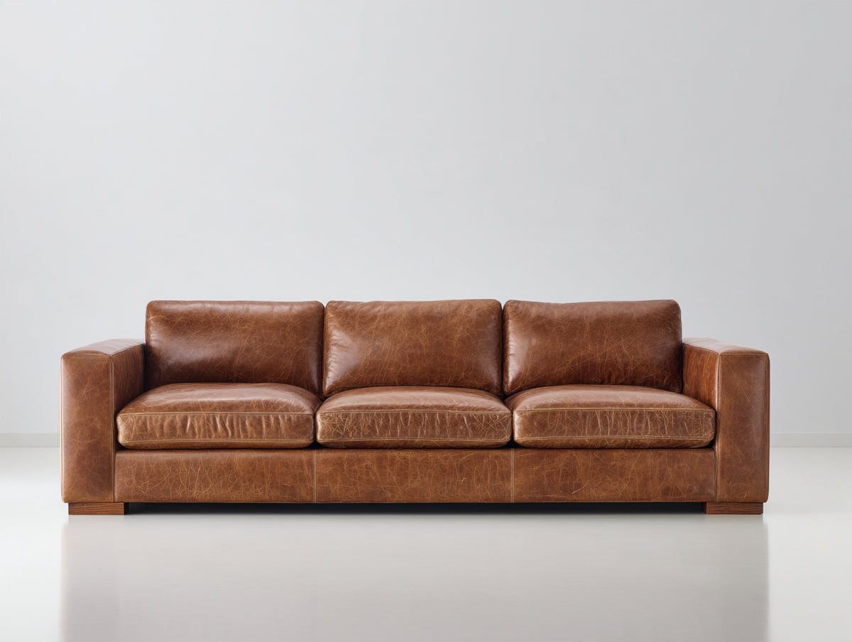 Canapé 3 places - Cuir - 223x98x84 cm - Marron cognac - Style vintage