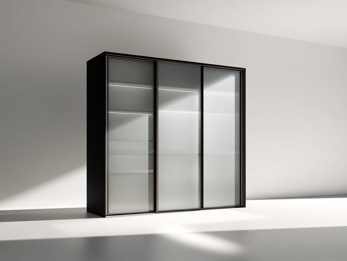 Armoire-Bois-Verre-225 x 62 x 210 cm-Noir-Style moderne à portes coulissantes
